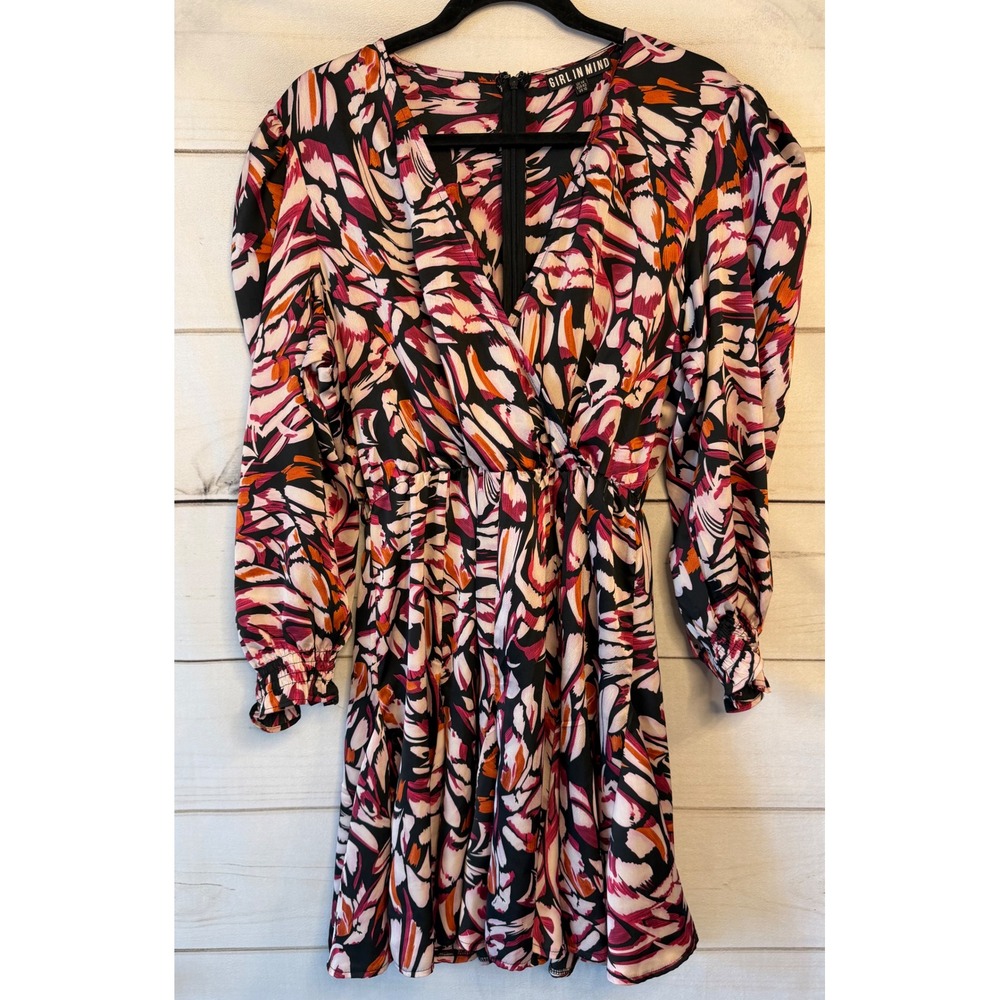 Girl In Mind Pink Orange Abstract Floral Wrap Mini Dress SI7491C Womens US 10